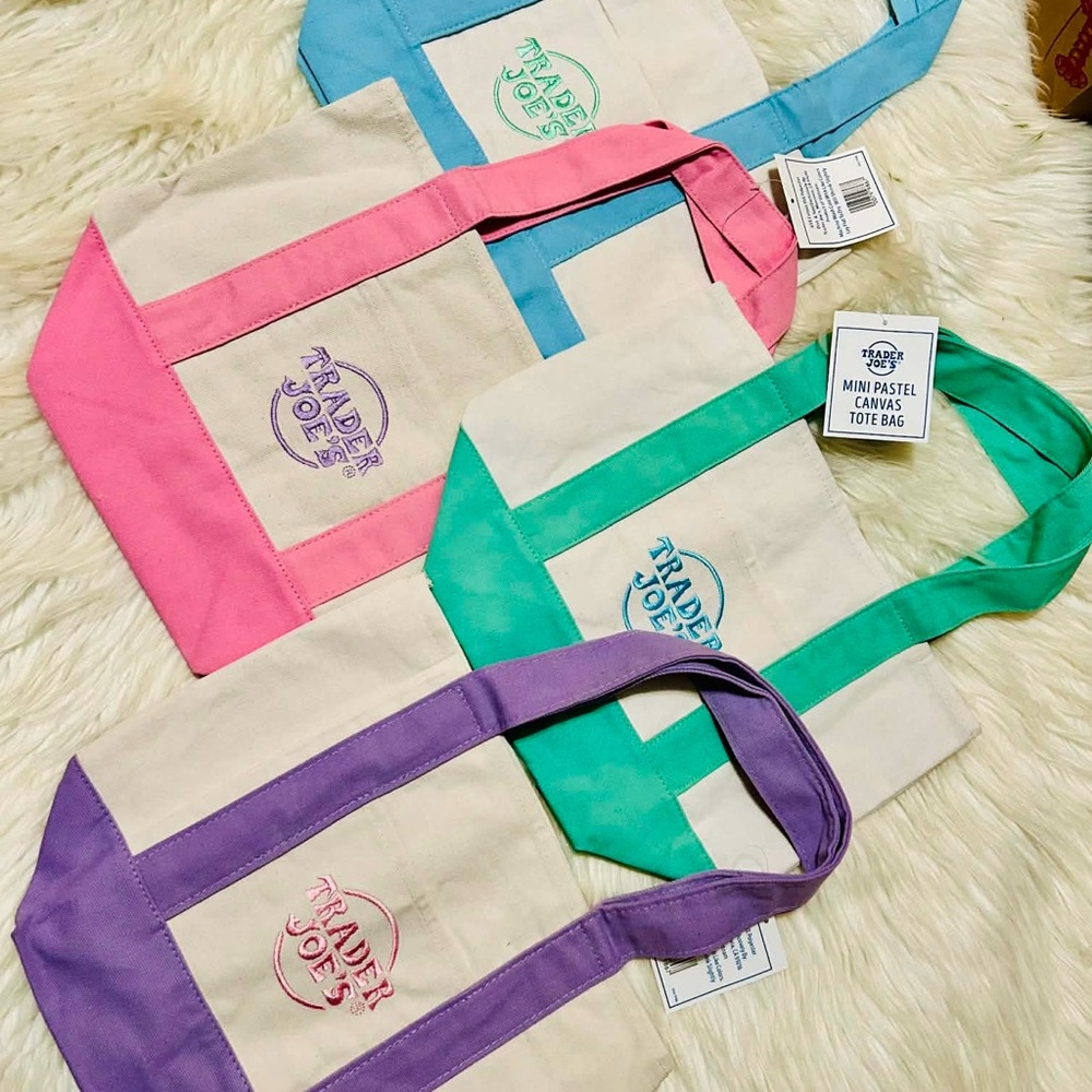 Trader Joe's 4pcs PASTEL Canvas Mini Tote - Pink, Purple, Teal, Blue